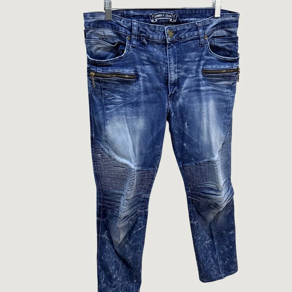 Robin's Jean Mens Blue Denim Biker Moto Jeans Zipper Detail Size 36 USA Made